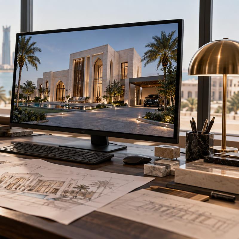 مخططات معمارية لفيلا على طاولة التصميم